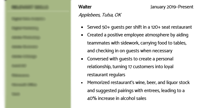 A job description for a server or waiter