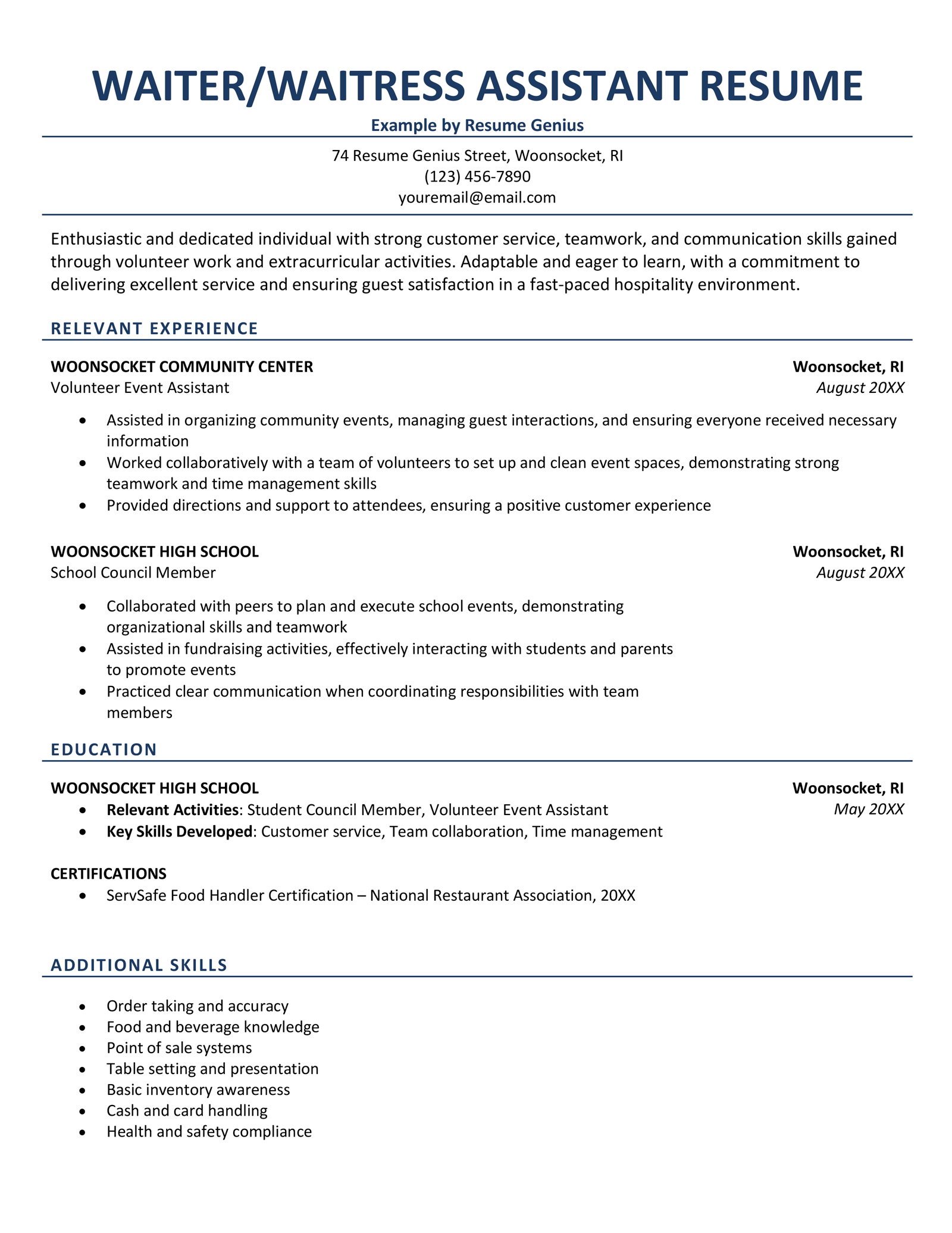 An entry level waiter/waitress resume on a blue template.