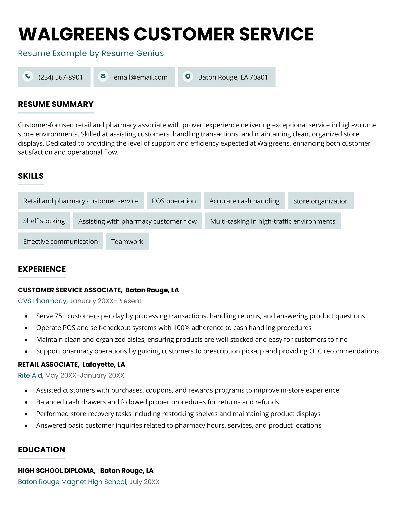 A Walgreens customer service associate resume example.