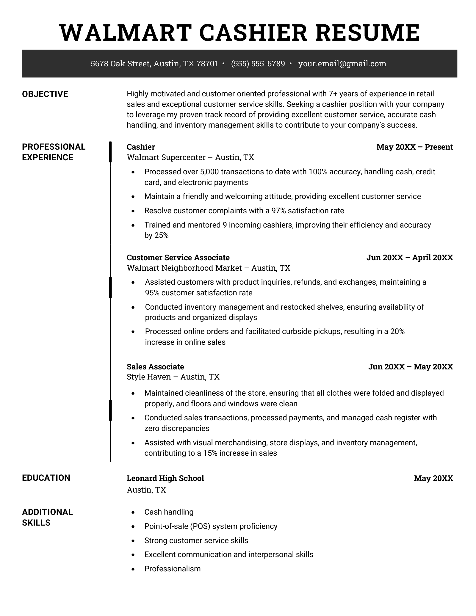 Sample image of a Walmart cashier resume with a professional black template.