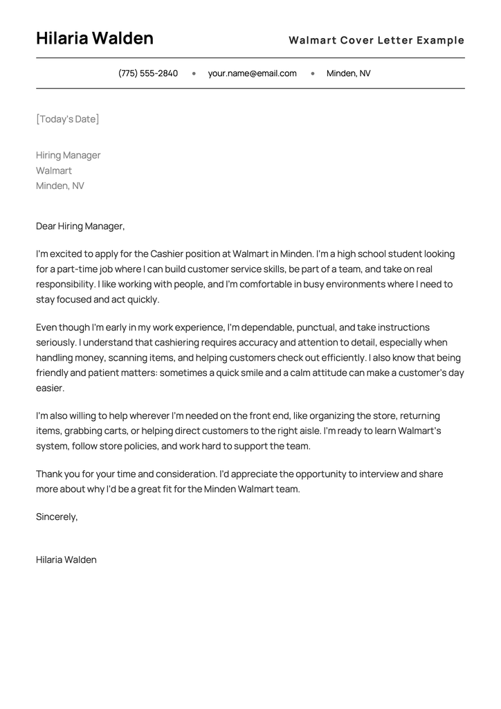 An example of a cover letter for a cashier job at Walmart, written by a high school student.