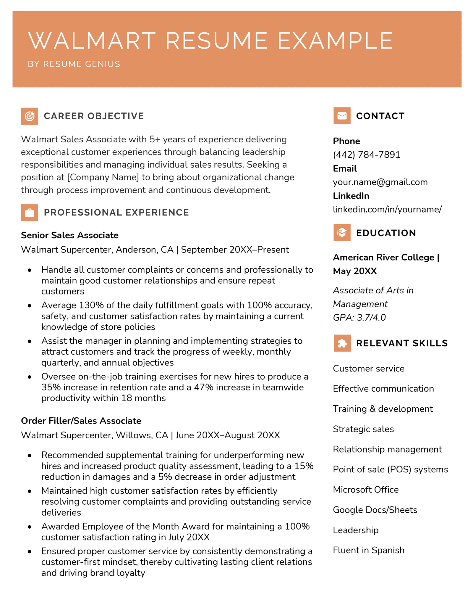 A Walmart resume example with an orange header and resume icons for each section heading