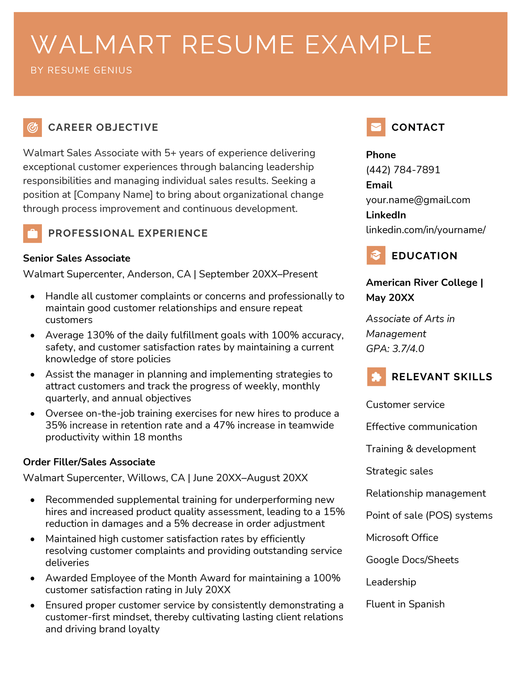 A Walmart resume example with an orange header and resume icons for each section heading