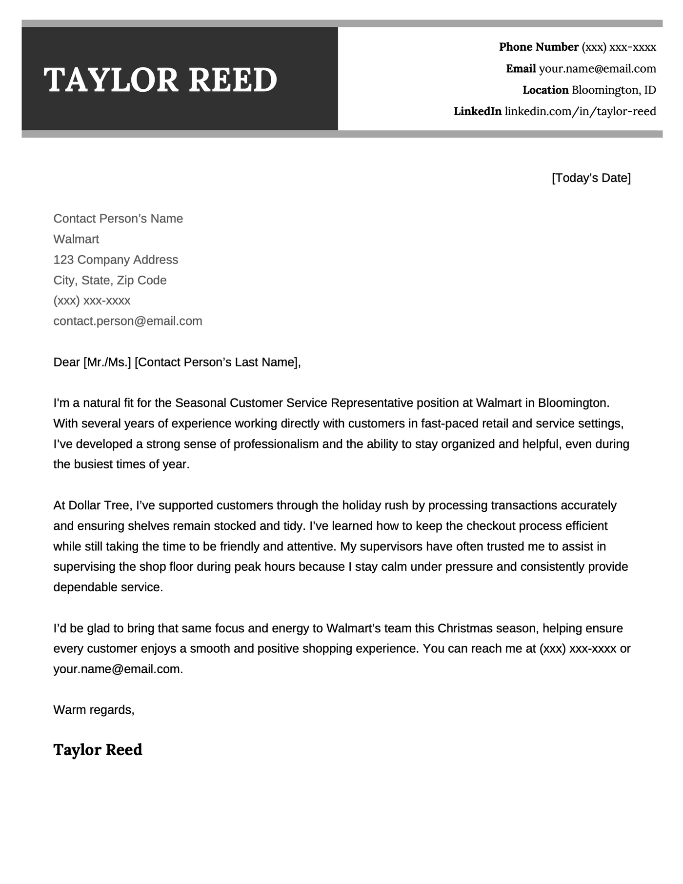 An example cover letter for a seasonal customer service representative job at Walmart.