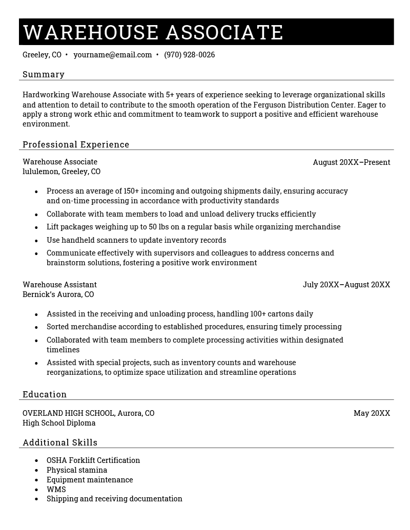 A warehouse associate resume using a black and white template with a thin black header at the top.