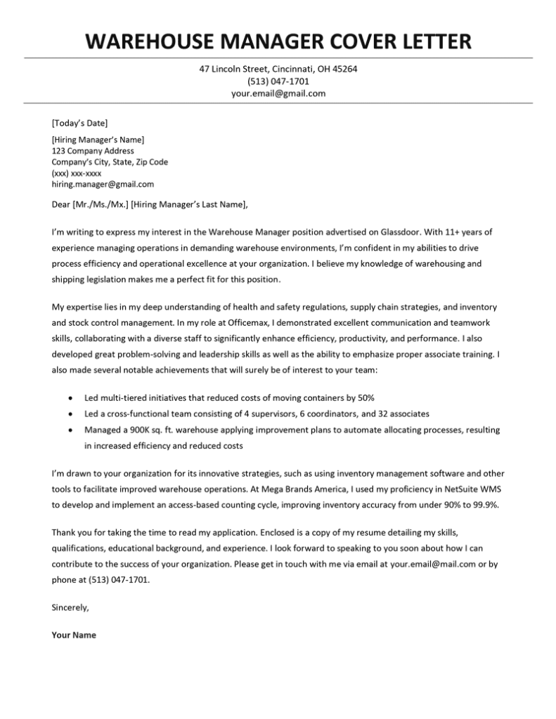 Warehouse Manager Cover Letter Example 19 Skills To List   Warehouse Manager Cover Letter Example 791x1024 