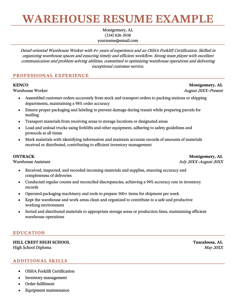A warehouse resume example using a template with an orange resume header and section headers.