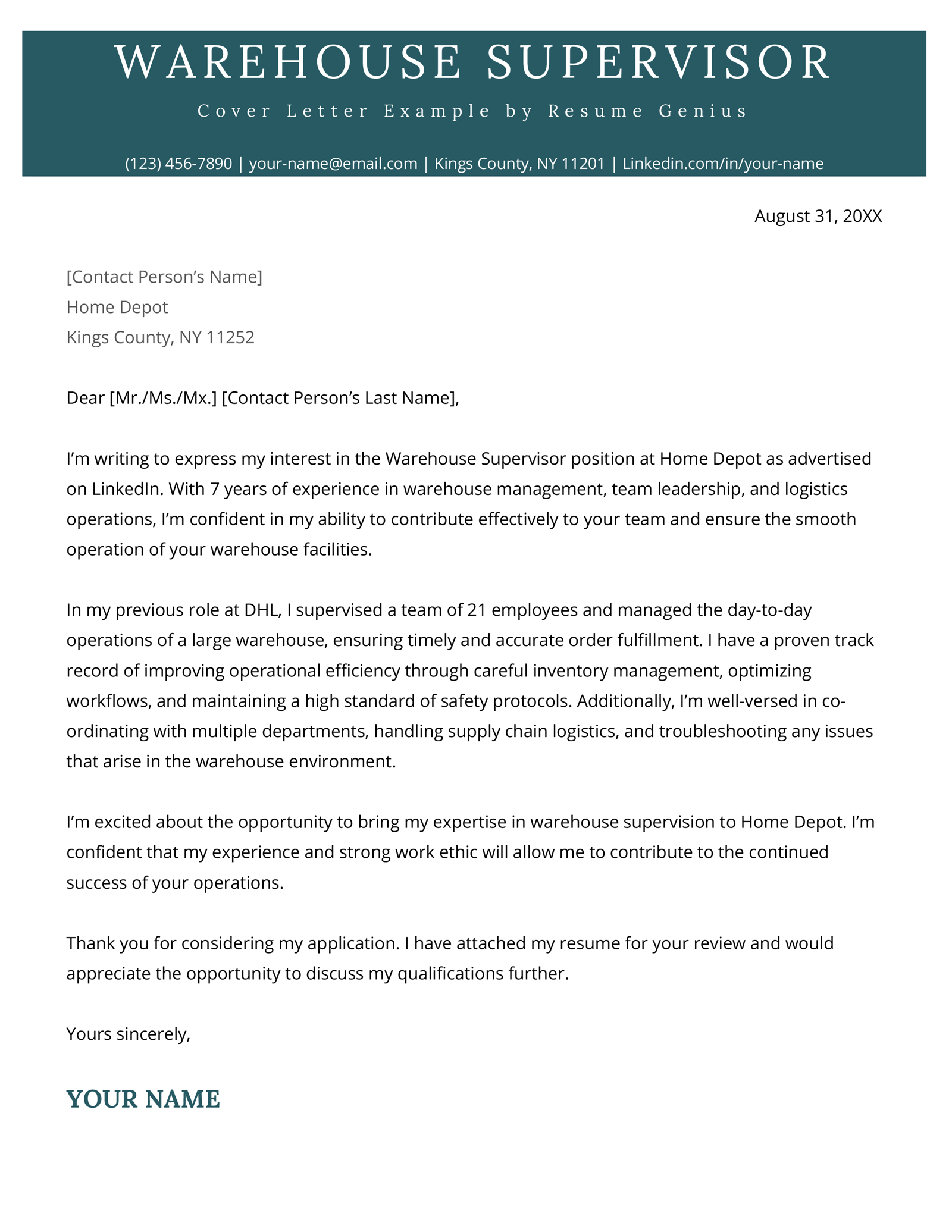 A warehouse supervisor cover letter example.