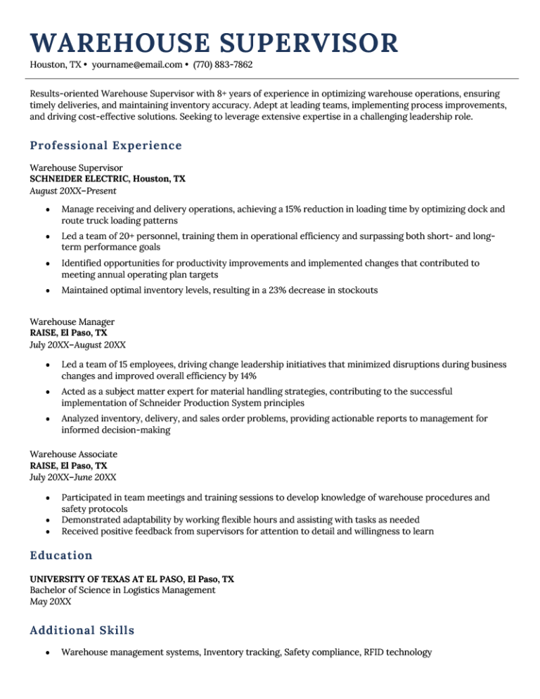 8 Free Warehouse Resume Examples - Warehouse Supervisor Resume Example 768x994 
