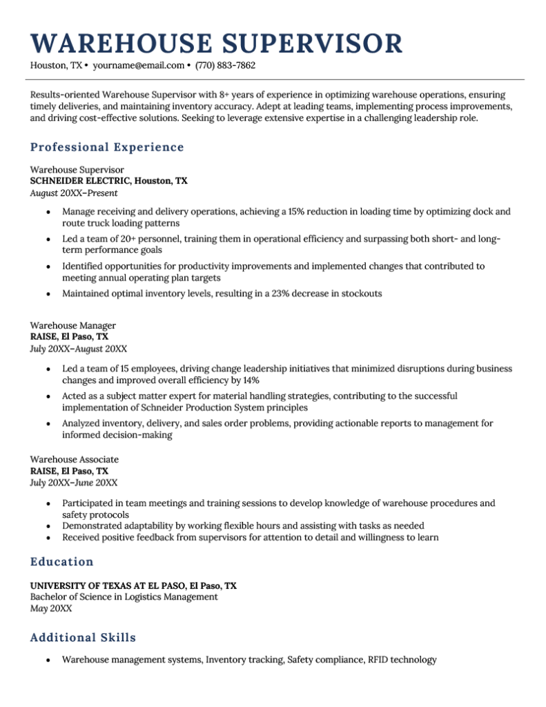 8 Free Warehouse Resume Examples - Warehouse Supervisor Resume Example 791x1024 