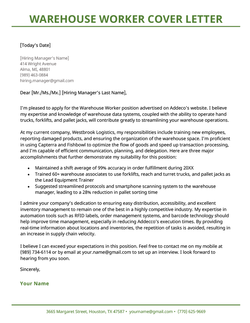 A green-accented warehouse worker cover letter in which the applicant notes the position they're applying for, highlights three key achievements, and expresses what they can bring to the company