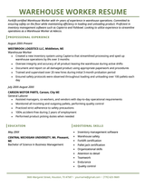 Example of a warehouse resume.