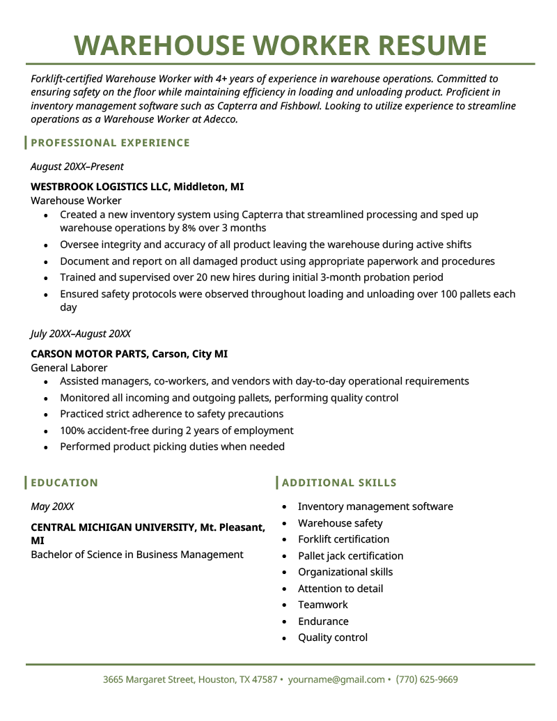 Example of a warehouse resume.