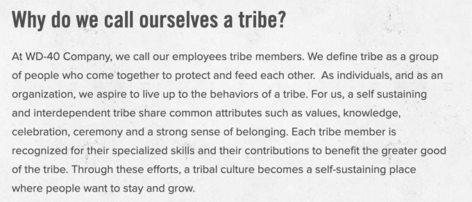 WD-40 company's about us page shows how they value teamwork and call themselves a tribe