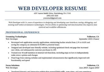 A web developer resume sample on a template with a blue header