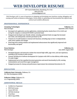 A web developer resume sample on a template with a blue header