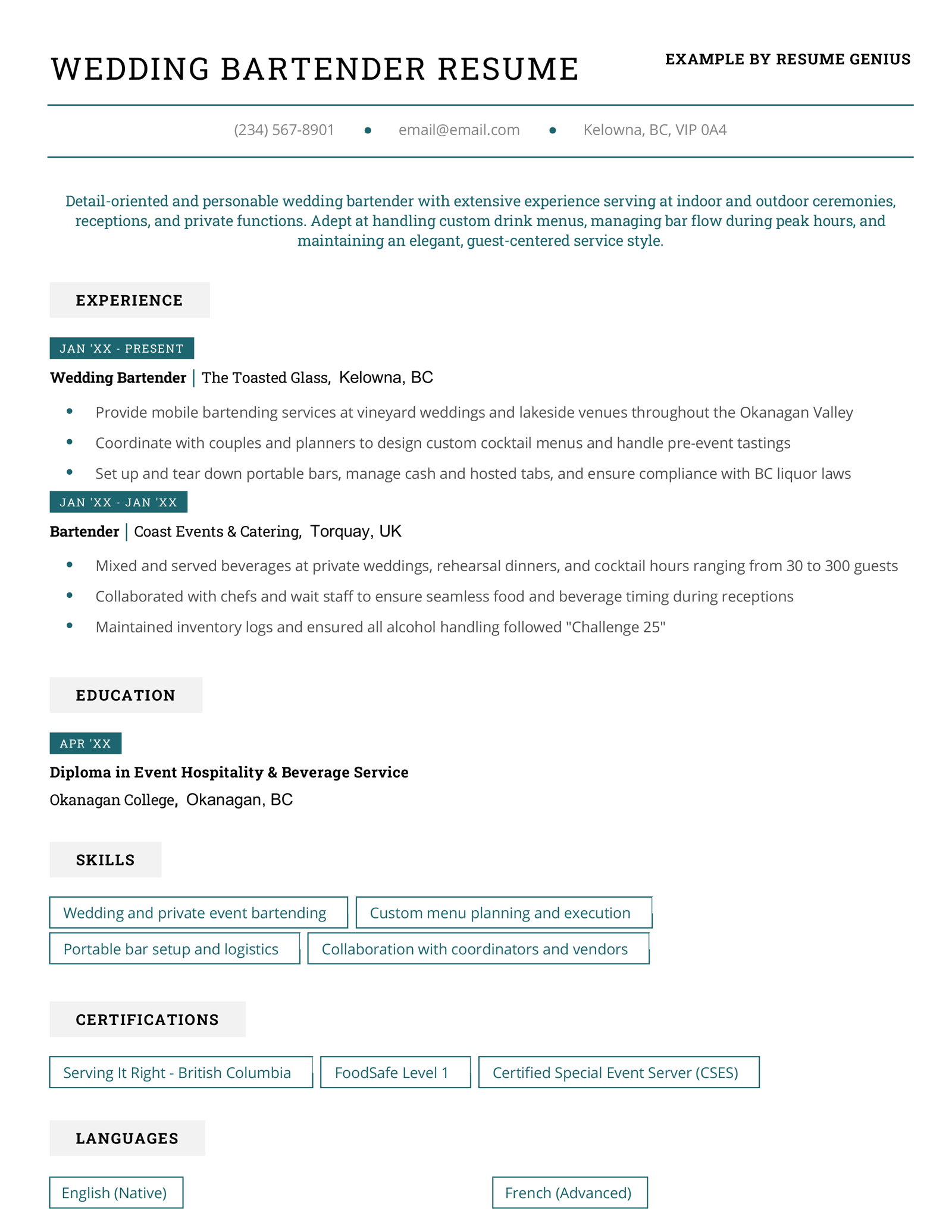 A wedding bartender resume example.