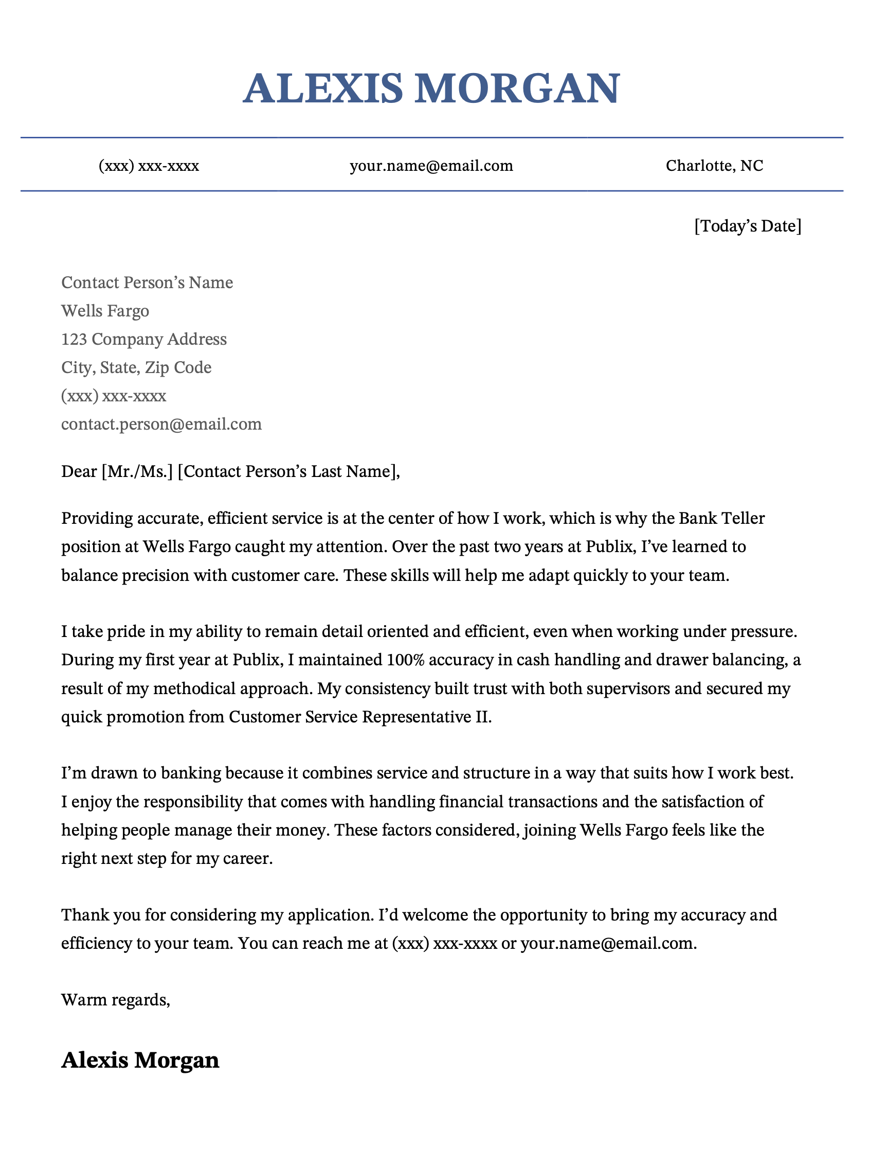 An example cover letter for a bank teller job at Wells Fargo.