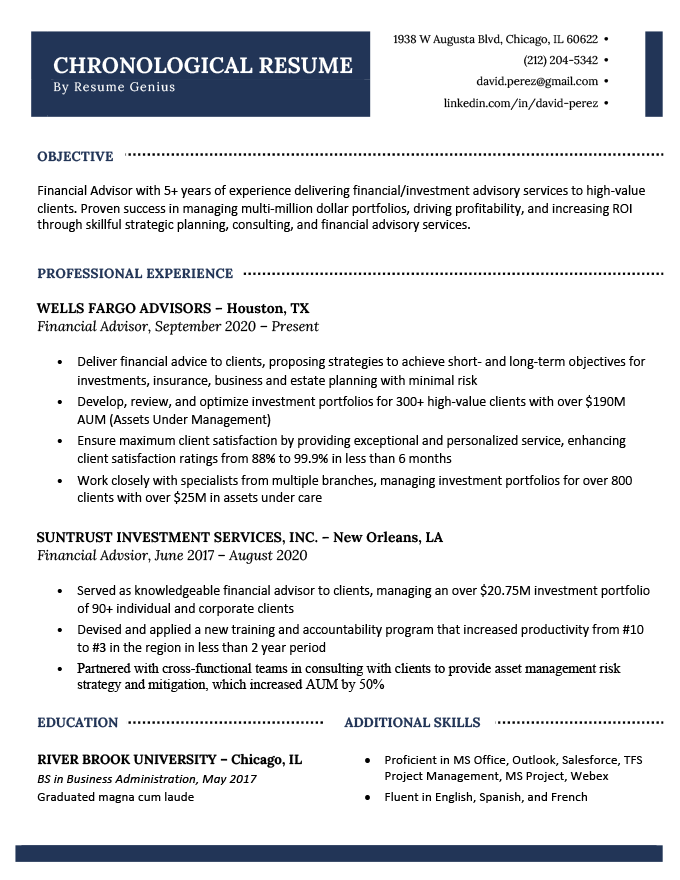 An example of a chronological resume format on a professional template with a navy blue header and footer and dotted lines to separate the sections