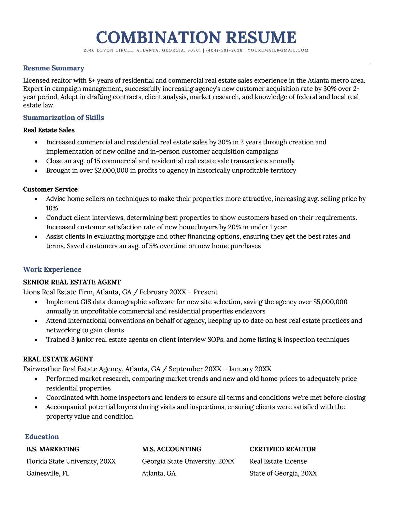 An example of a combination resume on a simple template with navy blue header text that has similarly sized skills and experience sections