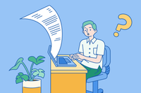 A person printing out a large image of a cover letter with a question mark over their head, showing their interest in learning about a cover letter.