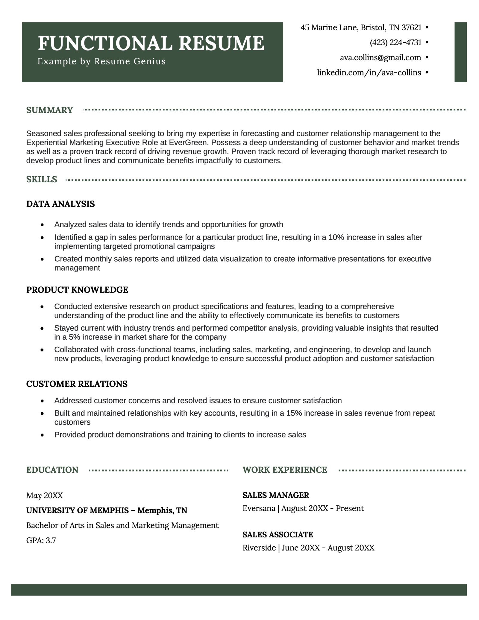 An example of a functional resume format where relevant skills make up the largest section and work history is condensed. 