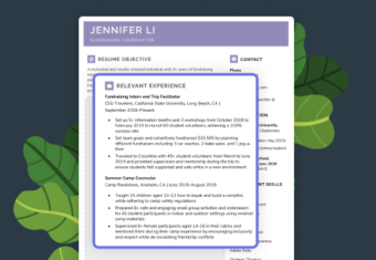 Relevant experience is highlighted on a resume with leaves behind it