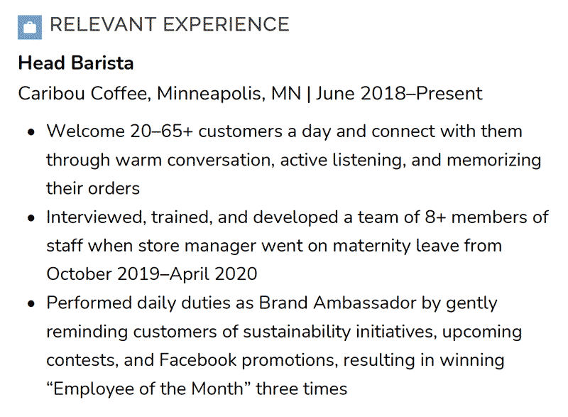 An example of relevant experience for a head coffee barista in a resume's work experience section