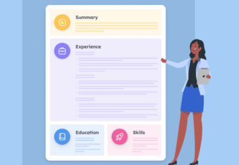 Graphic showing what a resume should look like using an example of a basic resume layout with each section colored in different bubbles, and a woman gesturing towards the resume template.