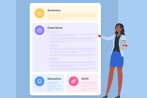 Graphic showing what a resume should look like using an example of a basic resume layout with each section colored in different bubbles, and a woman gesturing towards the resume template.