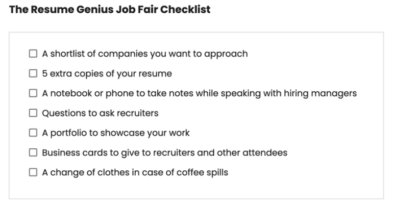 A checklist showing what to bring to a job fair
