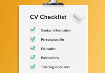 Graphic of a clipboard showing a CV checklist including 5 essential things to include on a CV.