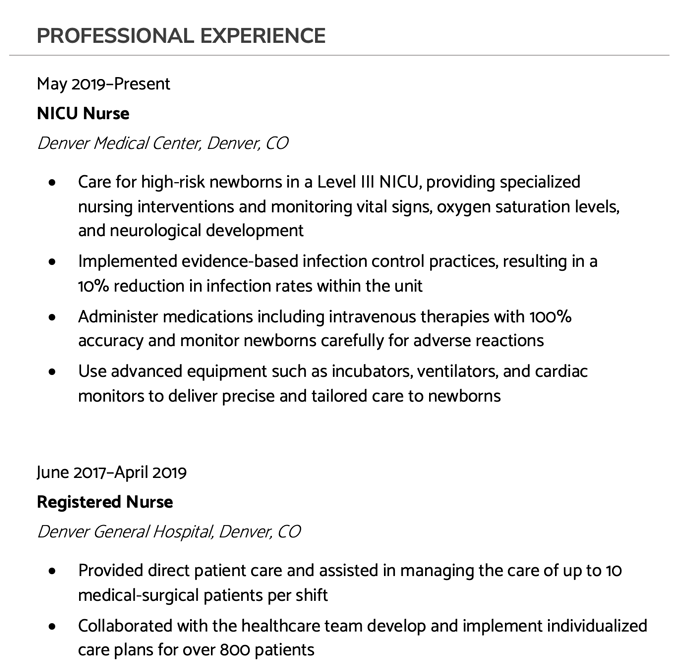 An excerpt from an NICU nurse's resume showing what to put in your resume experience section.