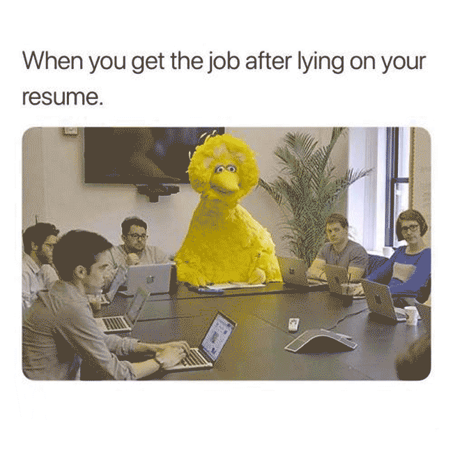 Image of big bird sitting at a conference table in a meeting: "when you get the job after lying on your resume."