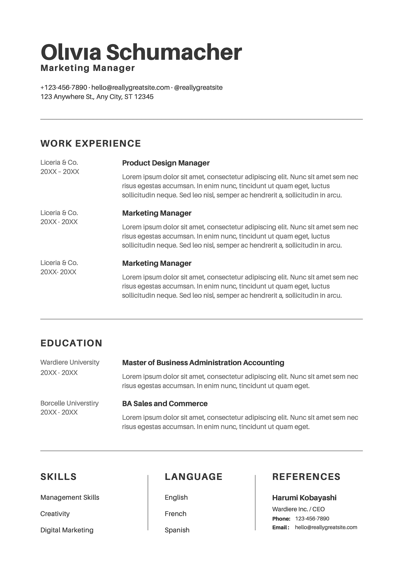A white and black simple Canva resume template.