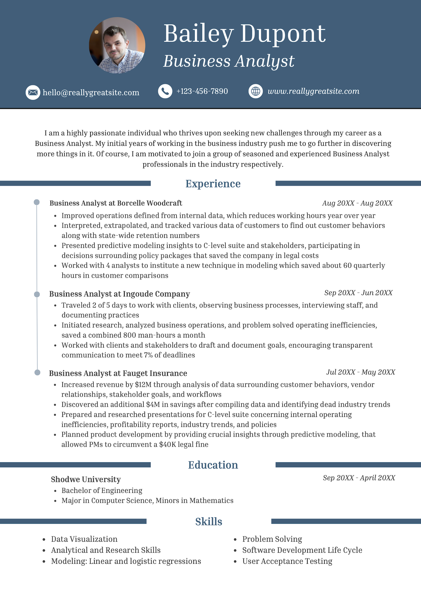 A modern white and blue Canva resume template.