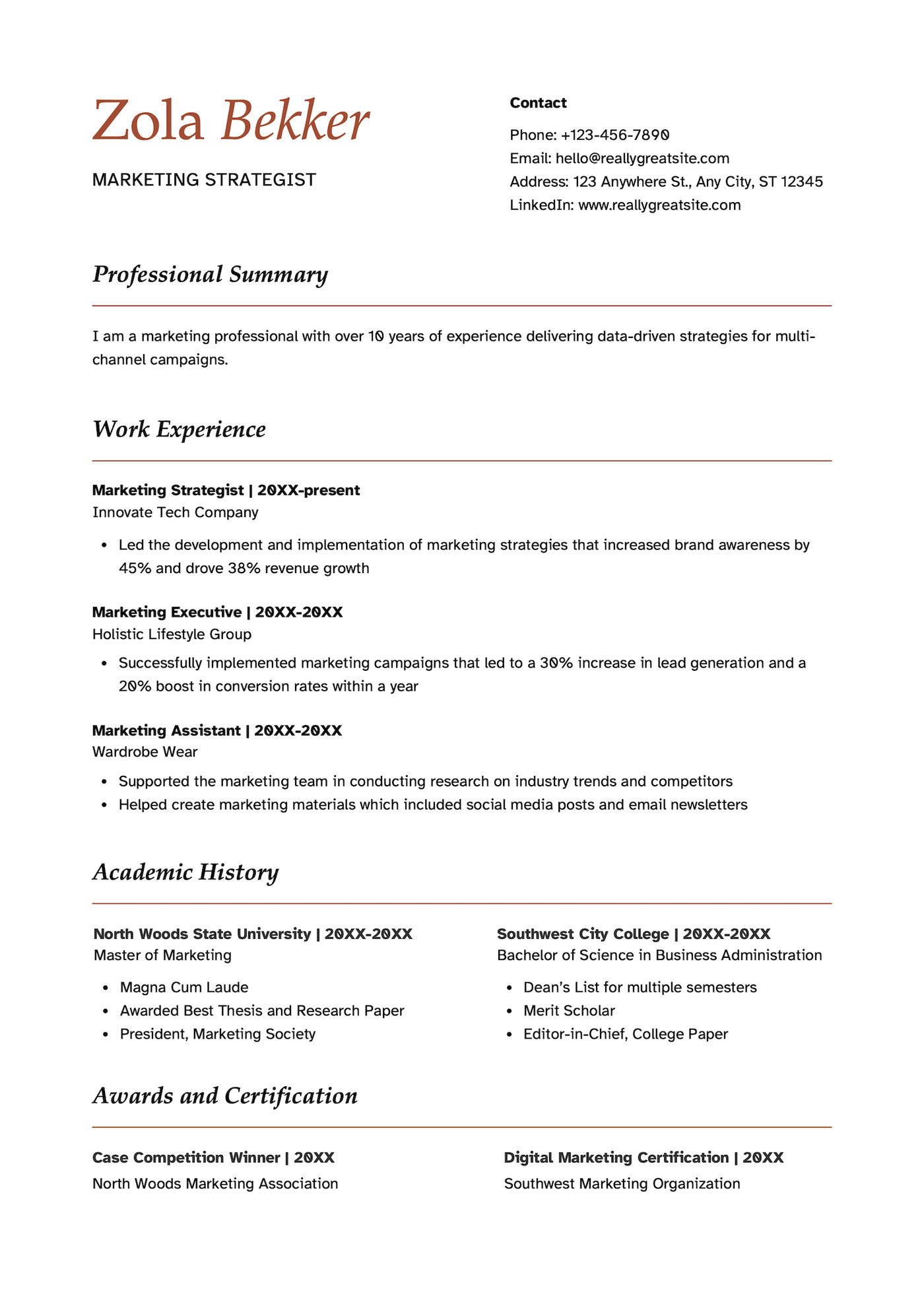 A simple white and dark orange Canva resume template.