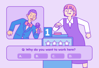 A graphic with a red background showing a man in a blue shirt thinking and a speech bubble in the top right corner that says "why do you want to work here?"