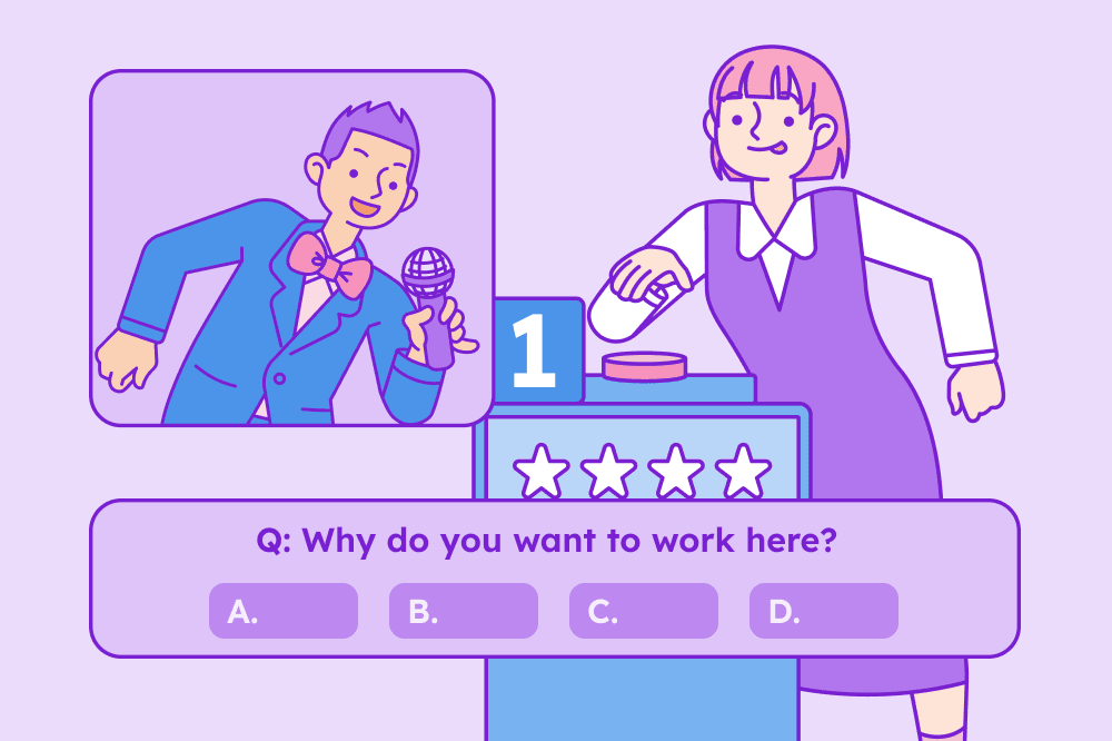 A graphic illustration of a woman ready to press the buzzer on a game show for the questions "Why do you want to work here?"