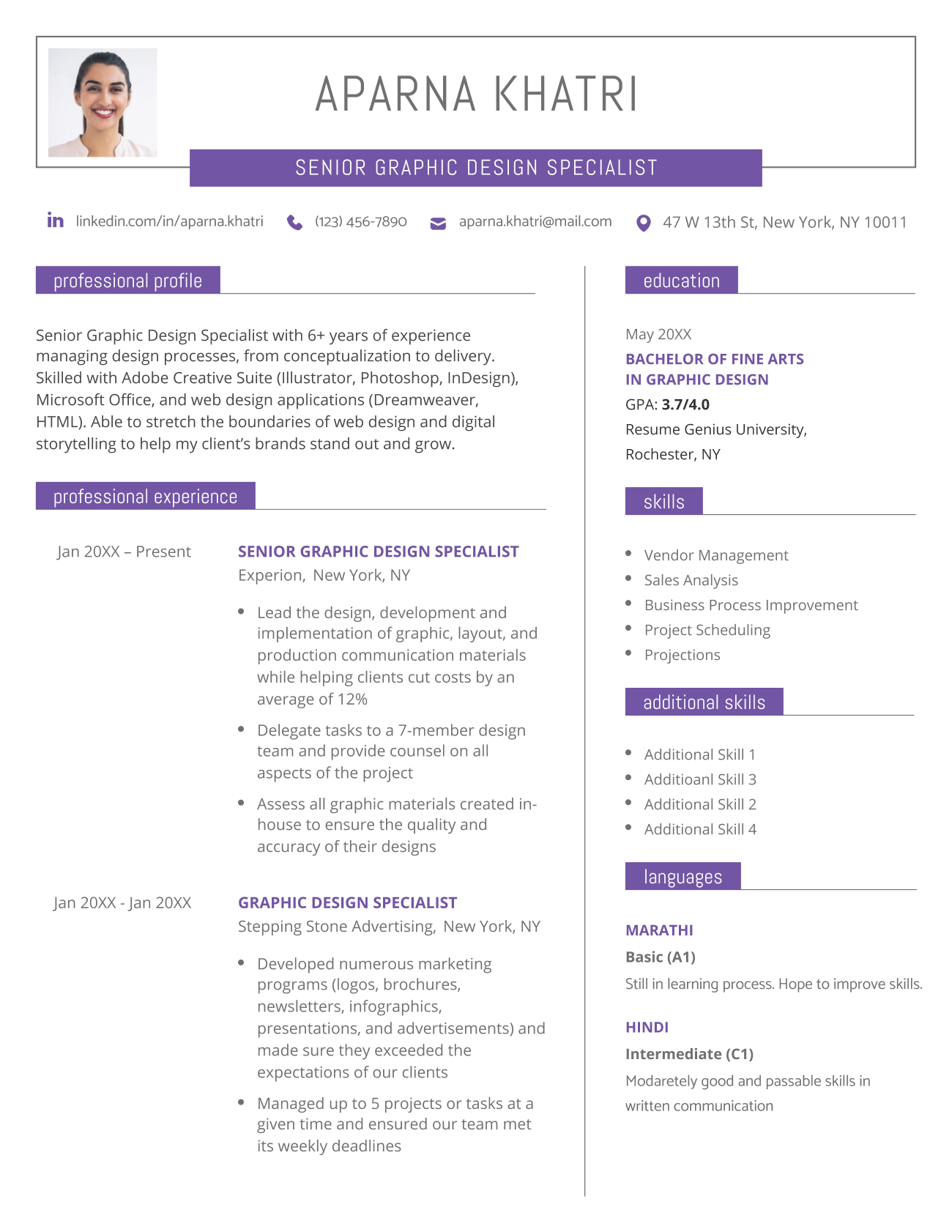 Windsor CV template in violet