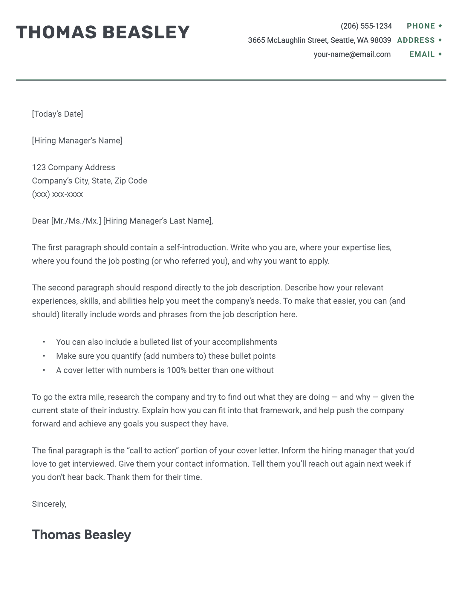 The Work cover letter in green