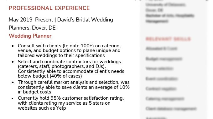 an example of quantified work experience on an event planner resume