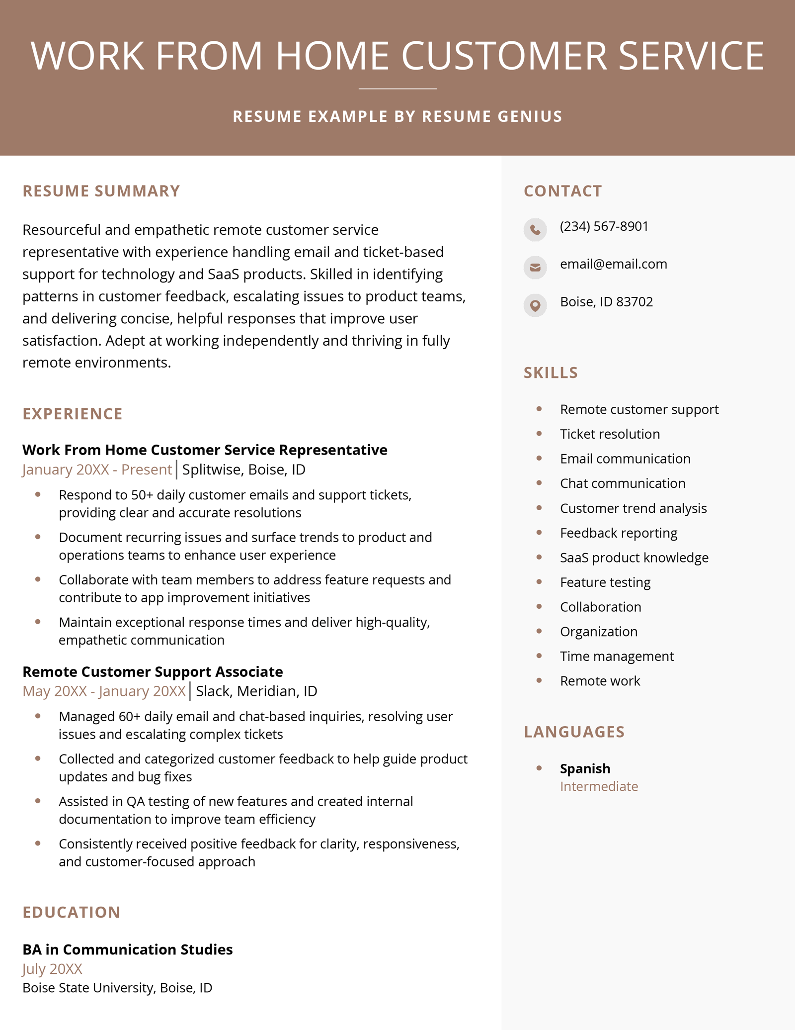A work from home customer service resume example.