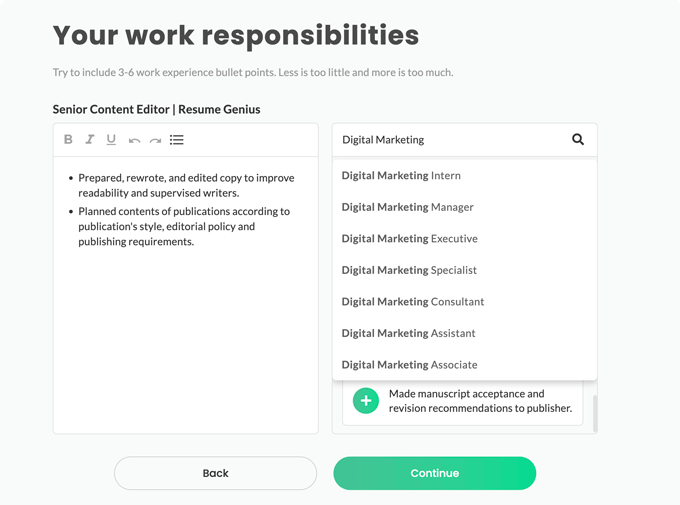 A screenshot from the Resume Genius resume generator where you add work responsibilities