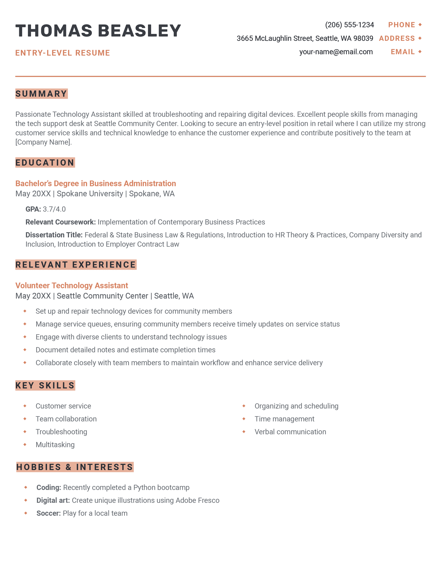 Orange Work Resume Template