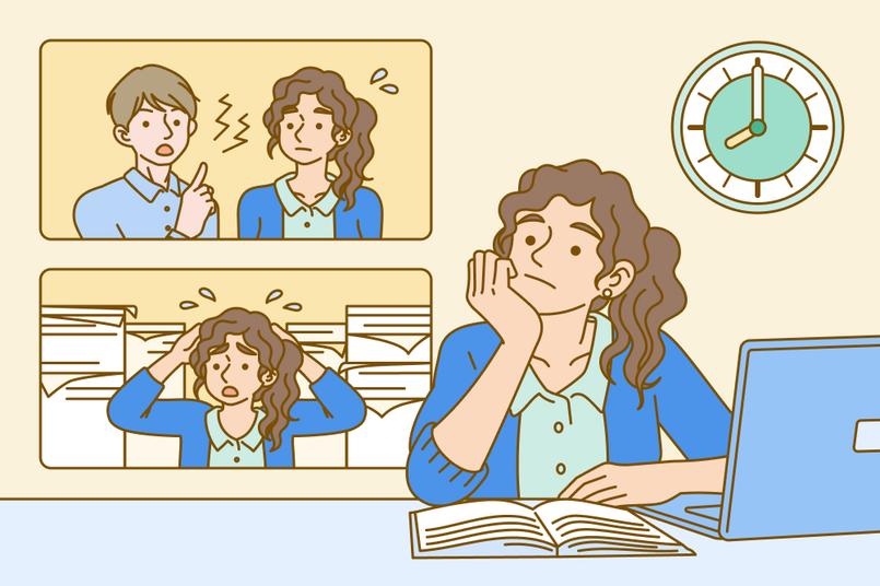 A female employee thinking about the realities of her workday.