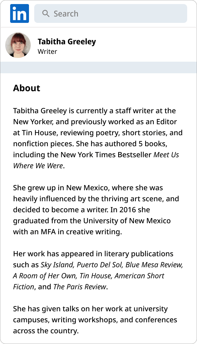 A writer professional bio example. 