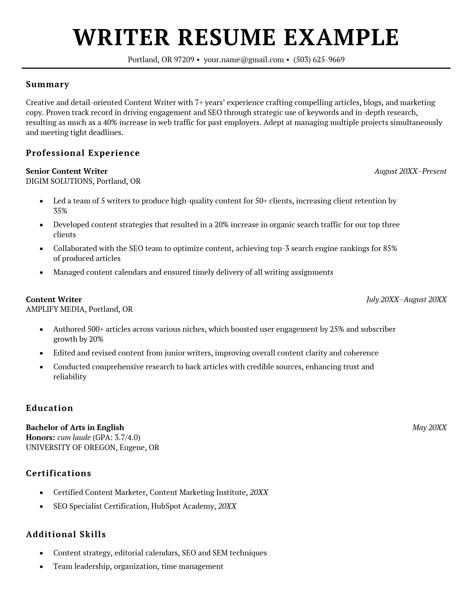 A writer resume example in a simple template with black text