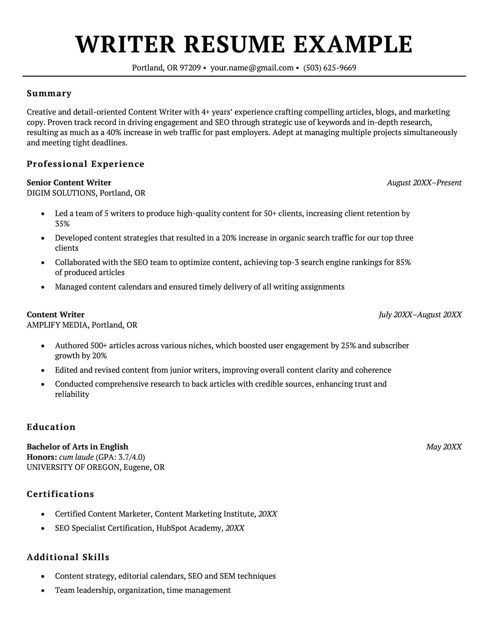A writer resume example in a simple template with black text