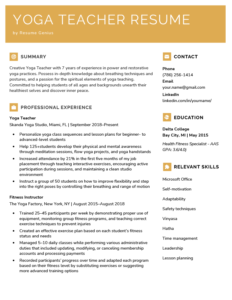A yoga teacher resume example with a bright yellow header